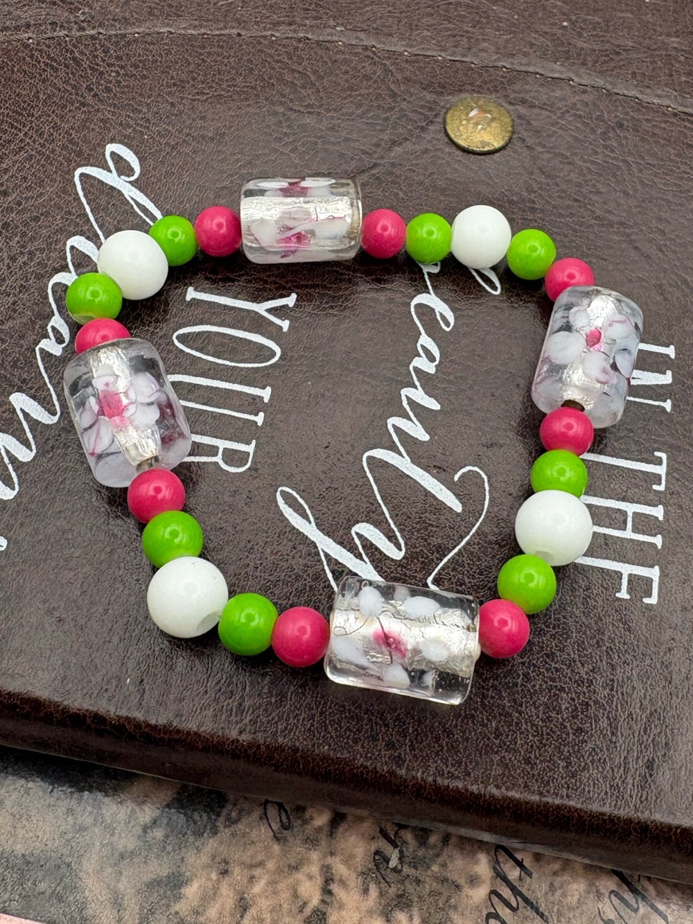 Y2K Handmade Beaded Stretch Bracelet Pink Green White Floral Glass Beads